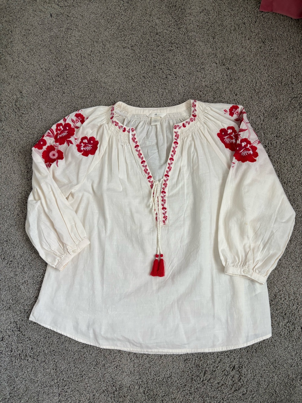 White Peasant Blouse with Red Floral Embroidery